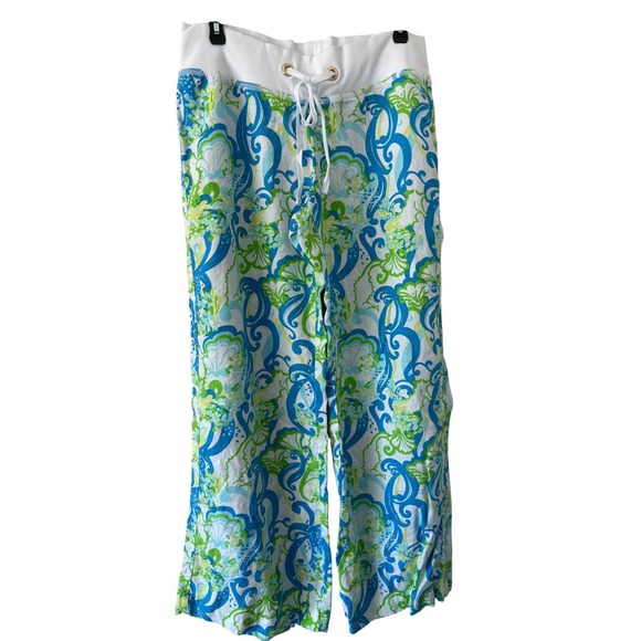 Lilly Pulitzer Pants - Lilly Pulitzer The Beach Pant Blue Green Shell Paisley Wide Leg Linen Blend M